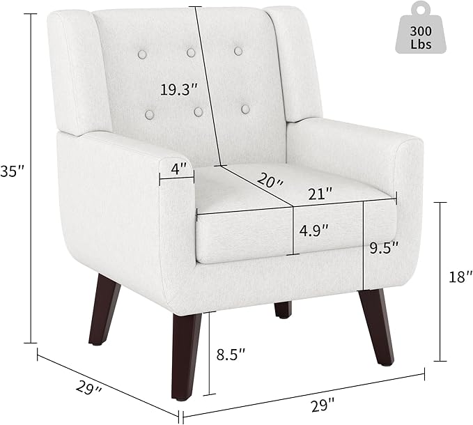 Accent Chairs Mid-Century Modern Upholstered Living Room Armchair Comfy Oversized Linen Fabric Single Reading Arm Chair with Tufted Back and Wood Legs for Bedroom Club (1 Beige)