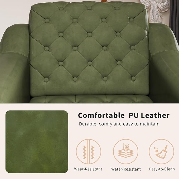 EJUNQ Cozy Accent ChairPU Leather Modern Living Room ChairsMid-Century Office Reading ChairSingle SofaArmchair for Bedroom Apartment Waiting Room(Green)