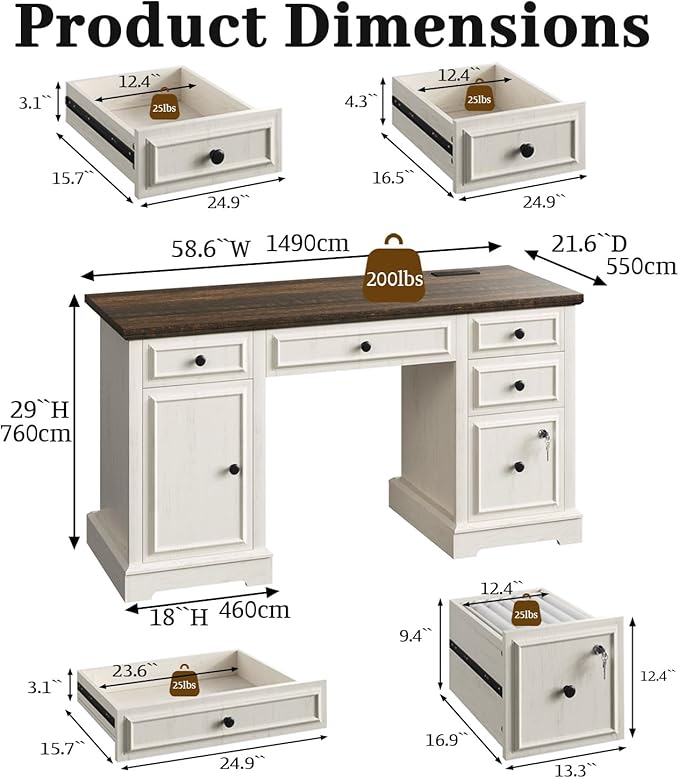 Vipbear 59 Farmhouse Executive Desk with Drawers Wood Home Office Computer Desk Featuring Lockable File Drawer Storage Cabinet &amp Power Outlet Storage Cabinet for Work Study Writing (White)