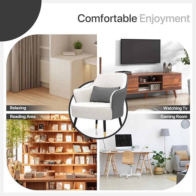Accent Chair with Lumbar Pillow Comfy Reading Chair Mid Century Modern Barrel Chair Upholstered Single Sofa Chair with Metal Legs for Living Room Bedroom White &amp Grey