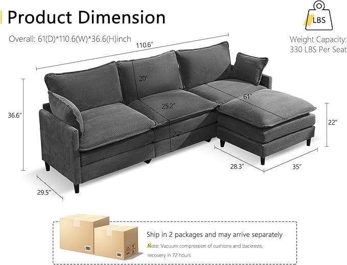 DRMBOOK 110.6'' L Shaped Modular Sectional Cloud Couch Cozy Upholstered 3 Seater Sofa Modern Deep Seat Modular Sofa Couches with Ottoman for Living Room (Corduroy Grey 3 Seat+1 Ottoman)