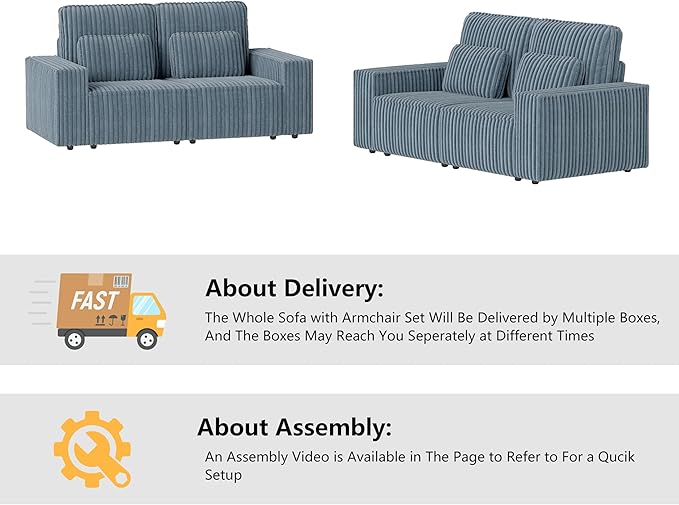 mikibama 2 Piece Sofa Couch Set for Living RoomModern Corduroy 2 Seater Loveseat Couches Set of 2 with Deep SeatModular Sectional 2PC Sofa Set for ApartmentDorm Room (Grey Blue 2PC Loveseat)