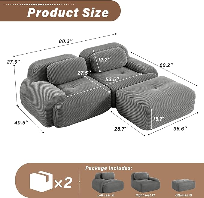 SoarFlash 81” Sectional Cloud Boneless Sofa Couches for Living Room-2 Seater L-Shaped Modern Lounge Couch-No Assembly Modular Corduroy Convertible Sponge Sleeper Sofas with Chaise for Home HouseGrey