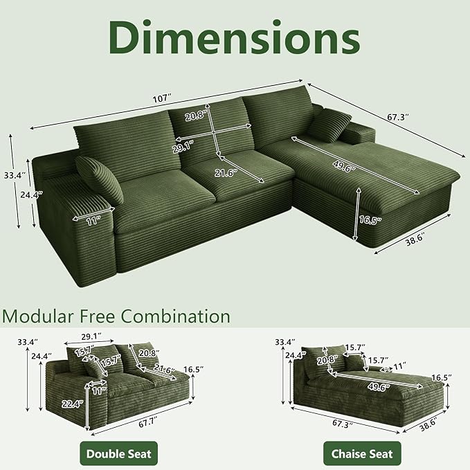 107 Cloud Couch Modular Sectional Sofa for Living Room L-Shape Boneless Couch with Deep Seat Modern Corduroy 3-Seater No Assembly Required (GreenRight-Facing Chaise)