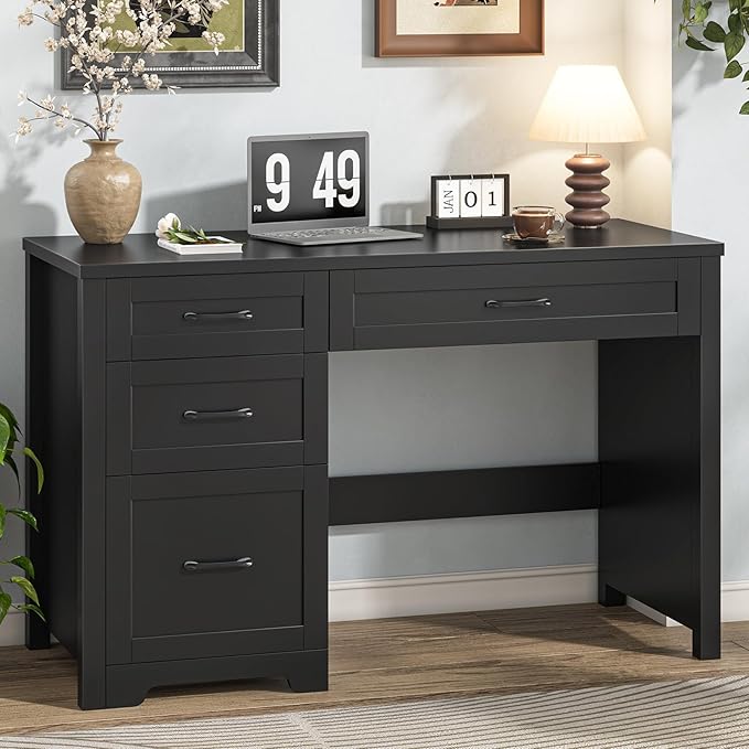 Vabches Farmhouse 47 Executive Desk with File Drawer Workstation for Home Office Study WritingWood Computer Desk with 3 Storage Drawers.(Black