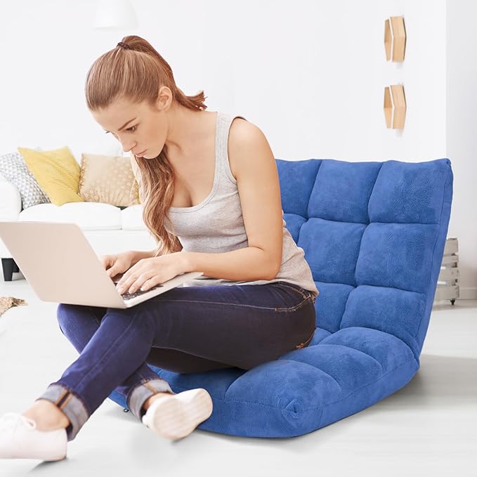 Moccha 14-Position Floor Sofa Folding Sofa Chair with Back Support Memory Foam Floor Gaming Chairs for Adults Adjustable Padded Couch Recliner Chaise Lounge for Reading Meditating (Blue)