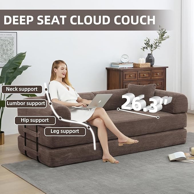 Convertible Folding Sofa BedFold Out Floor Sofa Couch with Fixed-Shape FrameCorduroy Foldable Mattress Cloud Couch for Living Room Bedroom (Brown 78 Inch)