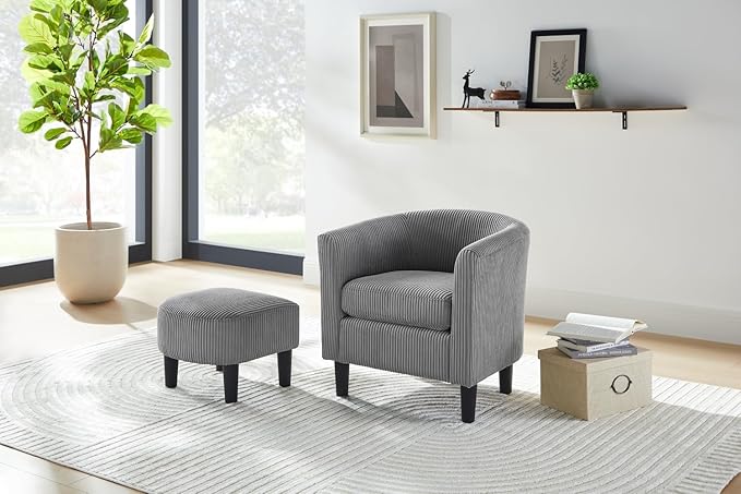 Modern Accent ChairUpholstered Arm Chair Linen Corduroy Single Sofa Chair with Ottoman Foot Rest Comfy Armchair for Living Room Bedroom and Office (Grey)
