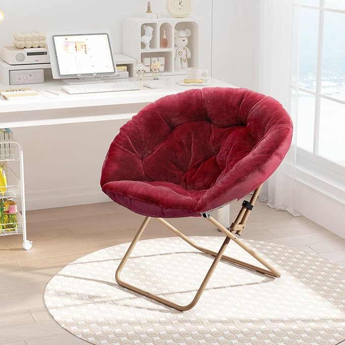 Cozy Saucer Chair Living Room Chair Faux Fur Soft Thick Padded Seat Metal Frame Folding Chair Comfortable Moon Chair for Living Room Bedroom Reading Nook Modern Style 2 Pack Red