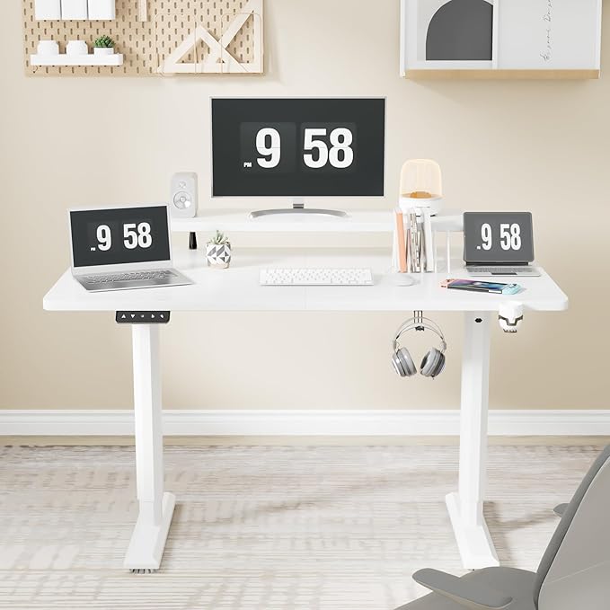 YESHOMY Electric Standing Desk with Monitor Shelf 47 x 24 Inches Height Adjustable Corner Table Computer Workstation with Cup Holder and Hook for Home Office White 47x24 Inch