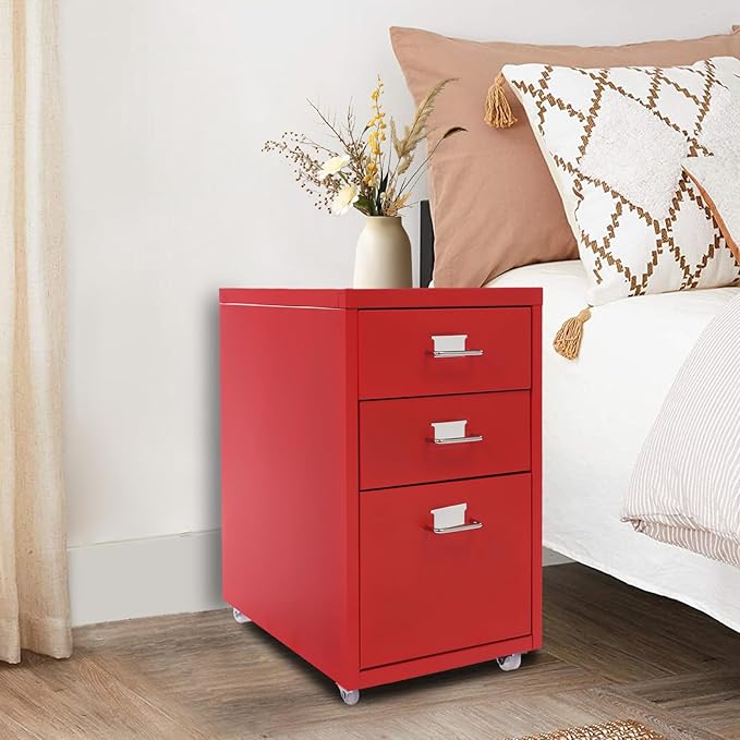 3 Drawers File Cabinet 16 * 11 * 18.9In Aluminum Alloy Mobile Filing Cabinet Rolling Filing Cabinets Rectangular Storage Cabinets with Lock&amp4 Wheels for Kitchen Bedroom Living Room (Red)