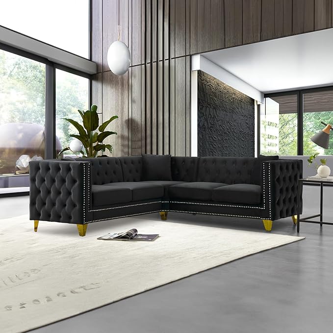 Velvet L Shaped Sofa Couch Upholstered Sectional Couch with Tufted Back and Rivet Decoration Modern 5 Seater Corner Sofa with Golden Tapered Legs and 3 Pillows Comfy Couches for Living Room Black
