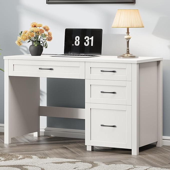 Vabches Farmhouse 47 Executive Desk Computer Desk with File Drawer and Charging Station Workstation for Home Office StudyCream White.