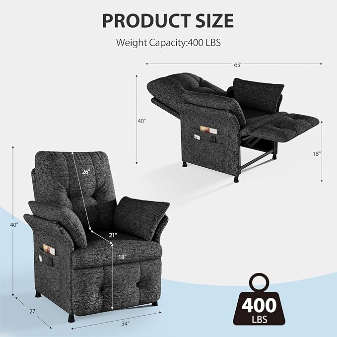 Power Recliner Chair for Adults with Heat &amp Massage - Linen Electric Reclining Sofa with Remote Control 3 Side Pockets 180° Lay Flat Sleeper for Living Room Home Theater Dark Grey