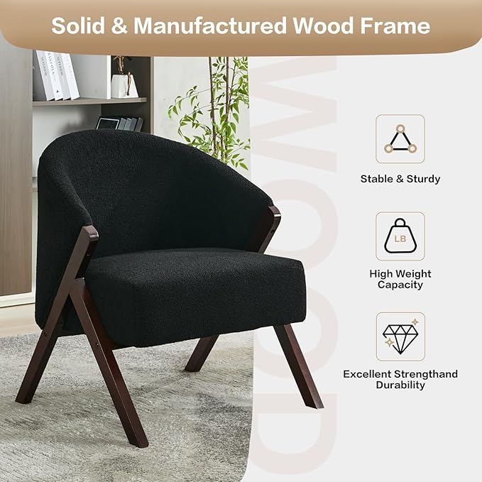 TrailBlaze Comfortable Mid-Century Modern Accent Chair for Living Room – Upholstered Reading Armchair with Sturdy Wood Frame Soft Fur Fabric Easy Assembly – Deep Walnut Feet | Soft Fur | Black