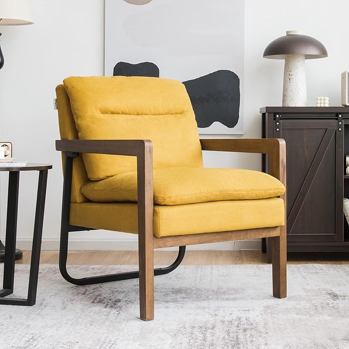 Giantex Set of 2 Accent Chair Comfy Soft Bedroom Chair with Solid Rubber Wood Legs Rear Steel Bracket Non-Slip Foot Pads Detachable Cushions Mid-Century Modern Living Room Chairs Yellow