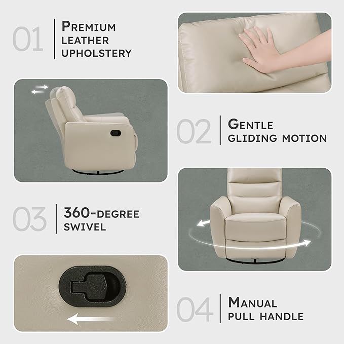 Lexicon 360 Degree Swivel Glider Reclining Chair Manual Tab Pull Recliner Leather Match Swivel Glider Recliner with Plush Foam Sturdy Frame for Living Room/Office/Bedroom Taupe