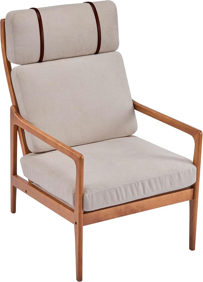 Merax Mid Century Modern Accent Chair High Back Armchair with Light Gray Upholstered Cushions and Solid Wood Frame Ergonomic Lounge Chair for Living Room/Bedroom/Reading Nook