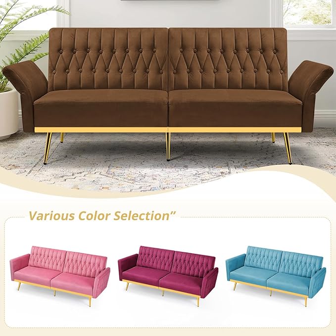 70” Velvet Futon Sofa Bed with 2 Pillows and Adjustable Armrests Convertible Sleeper Bed W/Adjustable Backrests Modern Loveseat for Living Room Bedroom Brown
