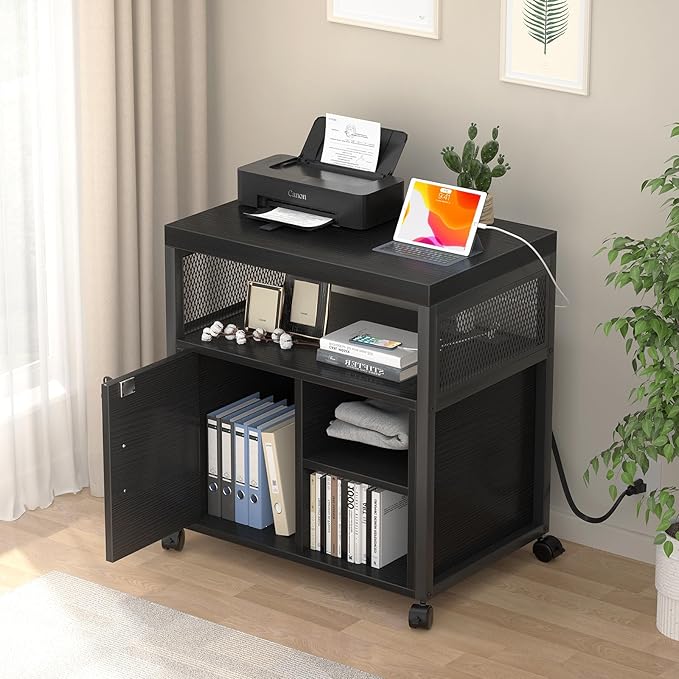 Unikito Lateral File Cabinet Locking Office Printer Stand with Sockets and USB Charging Ports Modern Rolling Printer Desk with Storage for A4 Letter Size and File Folders Black