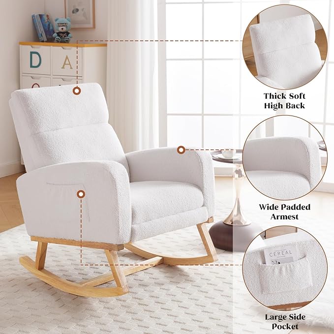 Rocking Chair Nursery with Foot Rest Nursing Rocking Chairs for Mom Nursery Teddy Rocker Glider with High Backrest for Living Room Bedroom White