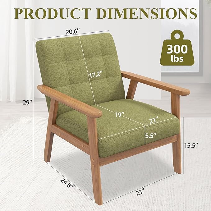 Westice Accent Chair 1PC Mid-Century Modern Living Room Chairs with Solid Wood Frame &amp Soft Thicken Cushion Upholstered Reading Arm Chair for Bedroom Balcony Green Linen Fabric &amp Natural L