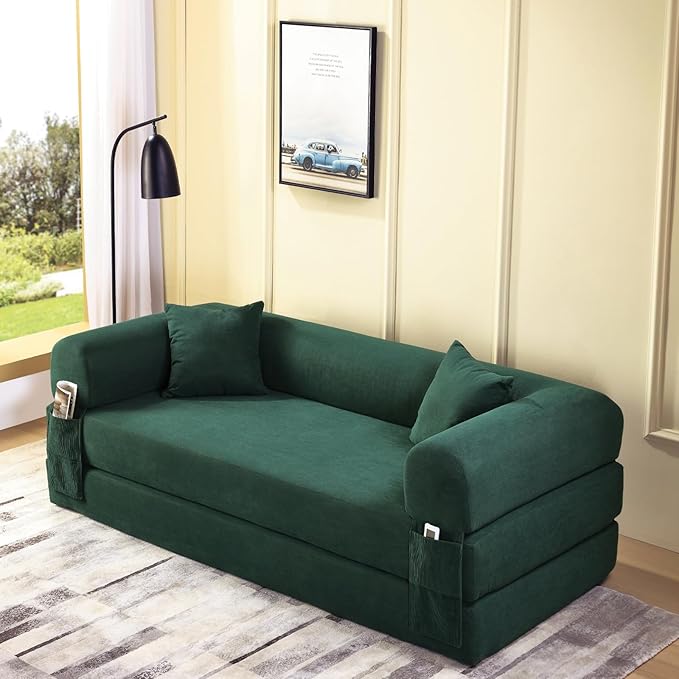 4-in-1 Folding Convertible Sofa Bed 80 Inch Oversized Corduroy Boneless Couch Loveseat Sleeper with Pull Out Bed Floor Sofa Modular Futon Teddy Sofa for Living Room Bedroom Lounge Deep Green