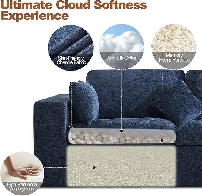 155''Cloud Boneless Sectional Couch Modular Sectional Sofa Deep Seat with Ottoman Oversized Upholstered Convertible Comfy 5 Seater Chenille Sofa L Shape Couches for Living Room Navy