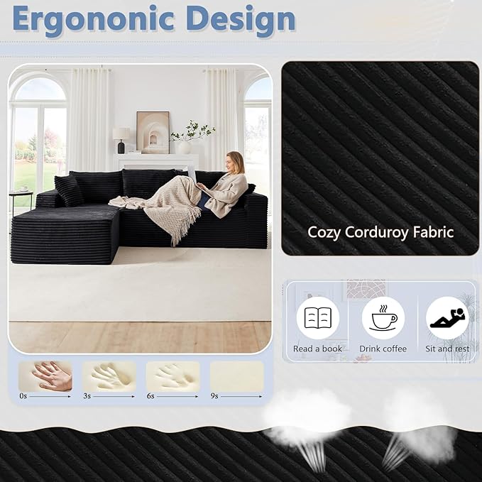 103 L-Shape Cloud Couch with Chaise Upholstered Corduroy Modular Sectional Sofa Deep Seat Couch with Free Combination for Living Room &amp ApartmentNo Assembly Required(BlackLeft Facing Chaise)