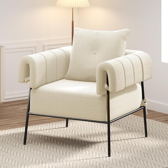 Furniliving Modern Accent Chairs Comfy Chairs with Pillow Lounge Chair Reading Chair for Living Room Upholstered Bedroom Arm Chair with Metal Frame Armchair Soft Cushion Corduroy Beige