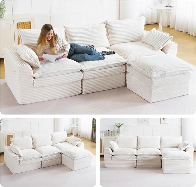 113 Cloud Sectional Boneless Couch for Living Room Modern Modular Sectional Sofa Deep Seat with Ottoman Upholstered Comfy Sectional CouchesCorduroy L Shaped Couch with Side PocketsBeige