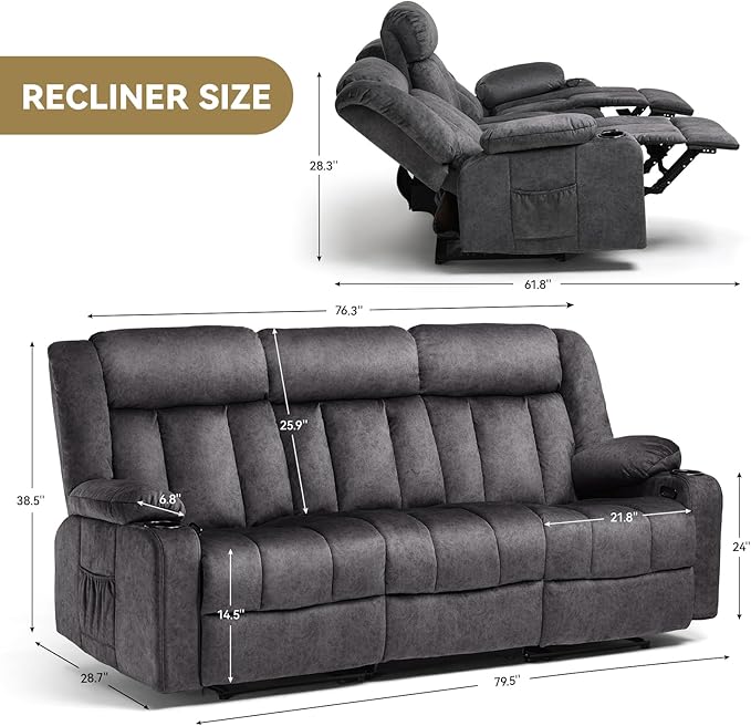 COMHOMA Loveseat Recliner SofaFabric Home Theater Seating SeatsRV Manual Reclining Chair with Bluetooth SpeakersLiving Room Furniture Set3