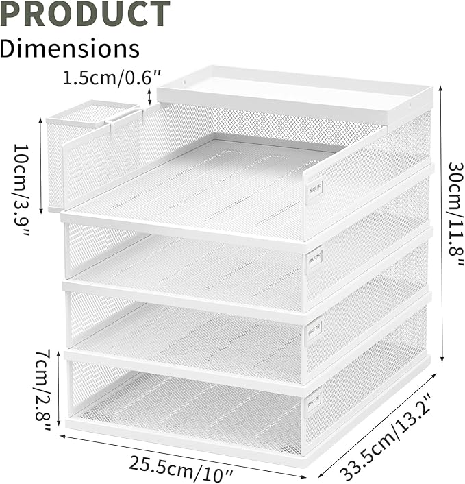 Stackable Letter Trays 4 Tier Metal Paper Tray &amp Desk Organizer Stackable File Trays for Office &amp Home Multi-Functional Document Tray with Fine Grid Design &amp Magnetic LabelsWhite