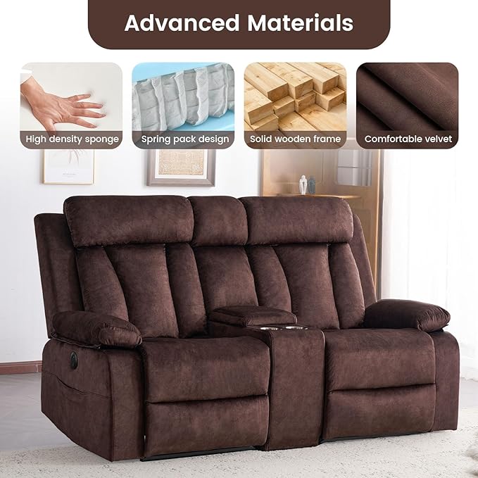 Power Reclining Loveseat with Console Electric Double Recliner with USB/Type C/Side Pocket/Cup Holders RV Recliners Wall Hugger Reclining Loveseat for Living Room &amp RV &amp Home Theater