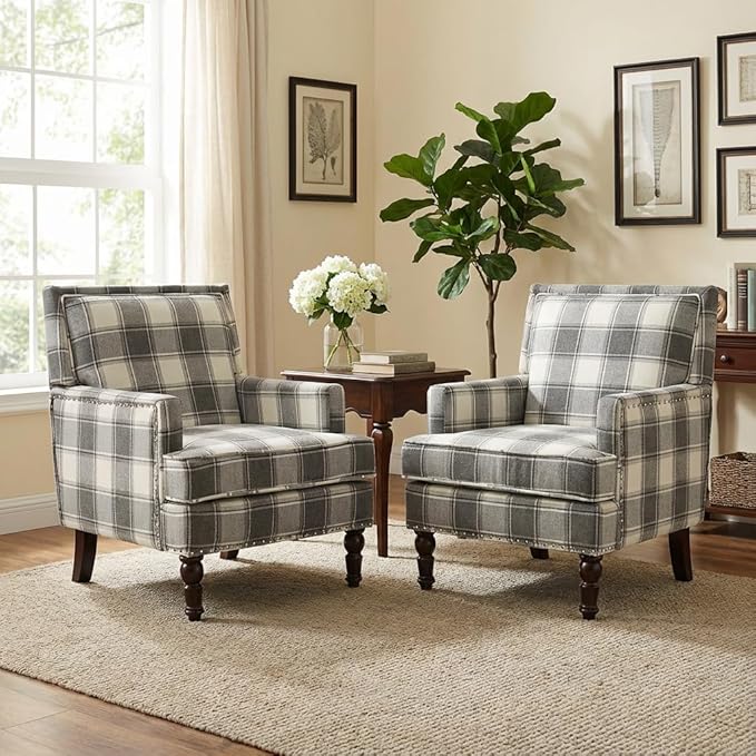 Plaid Accent Chair Mid-Century Modern Armchair Upholstered Decorative Reading Chair for Living Room Bedroom or Home Office Seating(Gery)