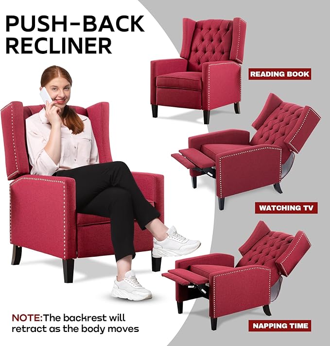 Wine Red Mid Century Modern Recliner Wingback Accent Chair with Push Back Mechanism Button Tufted Fabric Sofa &amp Nailhead Trim - Comfy Living Room Seating for Home Theater Office