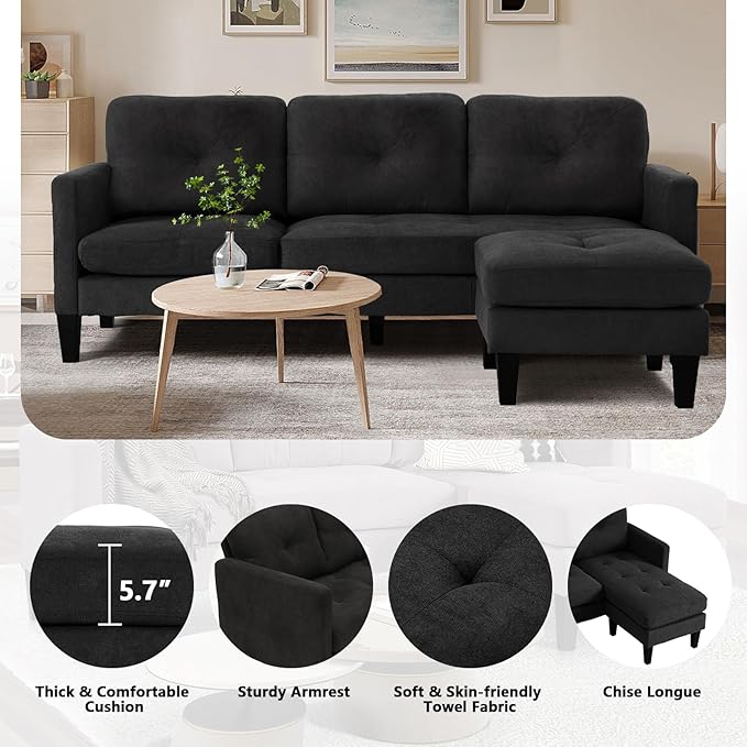 MAGIC UNION Sectional Sofa Set Convertible L-Shape Couch with Reversible Ottoman Modern Linen Fabric Sofa for Small Living Room Apartment Office (Black)