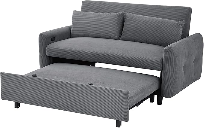 Pull-Out Sofa Bed Convertible Couch 2 Seat Loveseat Sofa Corduroy Fabric Upholstered Sleeper Sofa with 2 Throw Pillows and USB Ports for Living Room Office Apartment (Dark Grey)
