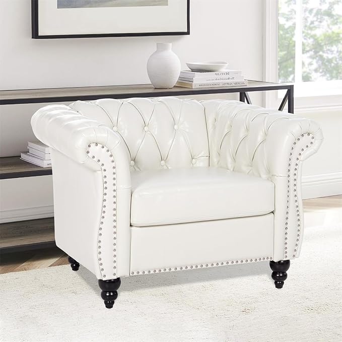 White Chesterfield Accent Chair Faux Leather Upholstered Tufted Wingback Club Chair Mid-Century Modern Living Room Chair with Sturdy Wood Frame Comfy Oversized Armchair for Bedroom Office