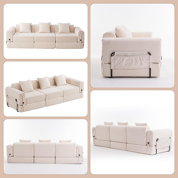 Oversized Cloud Modular Sectional Couch 3-in-1 Modular Floor Sofa with Deep Seat 3-Seater Folding Sofa Bed with 3 Pillows Large Sectional Couches for Living Room No Assembly Required Beige