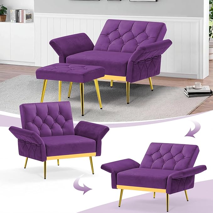 Velvet Accent Chair w/Adjustable Armrests and Backrests Tufted Single Sofa with Ottoman Upholstered Reading Chiar for Living Room Apartment Bedroom Purple
