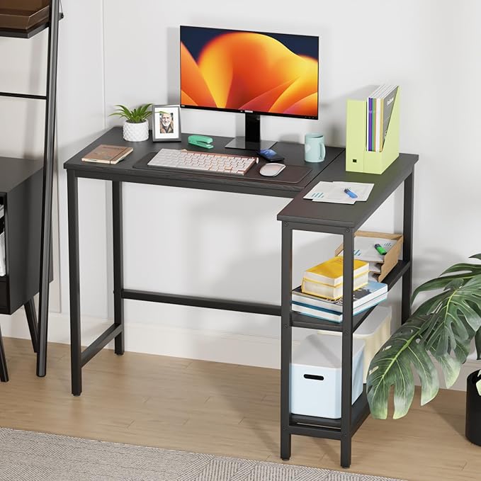 BLKMTY L-Shaped Computer Desk with Storage Shelves 43 Home Office Corner Desk for Small Spaces Reversible Study Writing Table Workstation Black