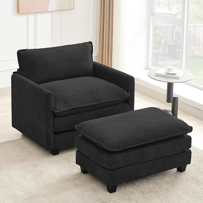 ROWHY Convertible Sectional Couch with Ottoman Single Armchair with armrests Modern Living Room Furniture Set Small Couches for Small Spaces for Living Room Chenille Black