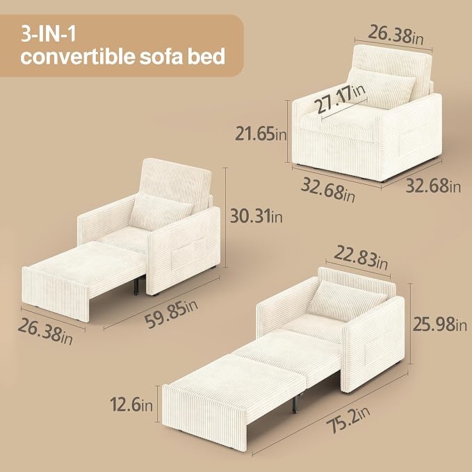 Ahomly 3 in 1 Pull Out Sleeper Sofa (Beige)