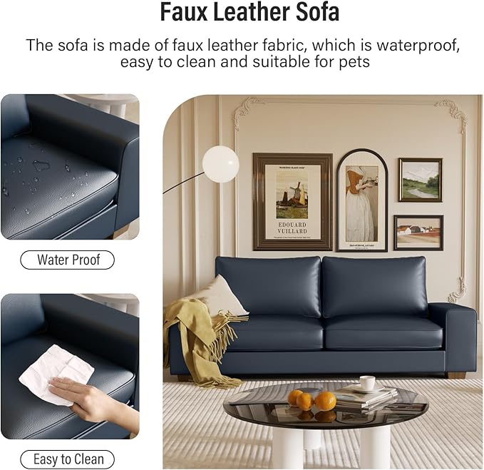 Faux Leather Couch Mid Century Modern Comfy Loveseat Sofa with Wide Arm Side Pockets Solid Wooden Frame for Office Living Room and Bedroom 3 Seater (Blue 88.58 inches)