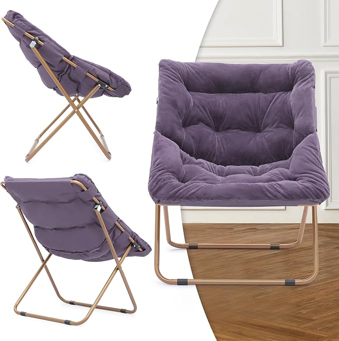 MoNiBloom Square Folding Faux Fur Saucer Chair for Bedroom Living Room Dorm Foldable Metal Frame Oversized Large Comfy Furry Padded Soft Cozy Moon Chair with Footrest Ottoman for Adults (Purple)