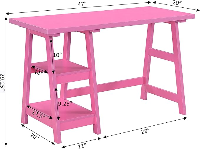 Convenience Concepts Designs2Go Trestle Desk 47 - Modern Desk or Vanity with Shelves for Office Dorm Living Room Pink