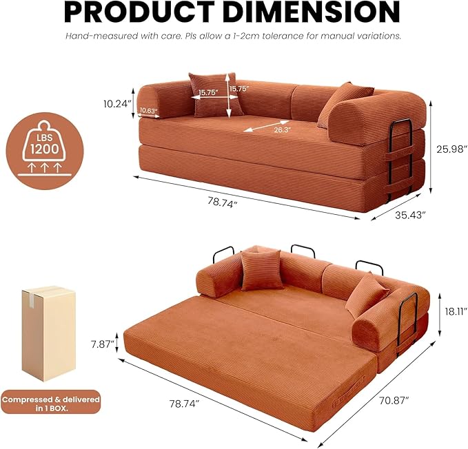 79'' Folding Convertible Sofa Bed Boneless Modular Couch 5-in-1 Pull Out Floor Sleeper Lounge Loveseat for Living Room Bedroom Multi-Function Foldable Sofa (Orange)