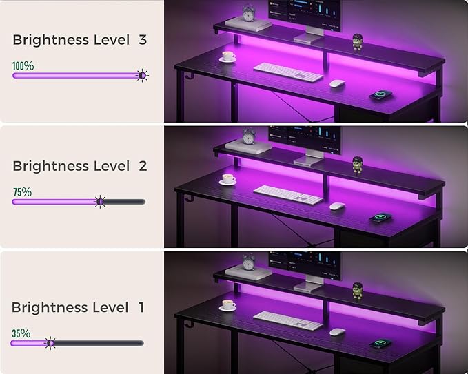 AODK Gaming Desk with LED Lights 40 Inch Computer Desk with Drawers Reversible Small Desk with Monitor Stand &amp Headphone Hook for Home Bedroom Black