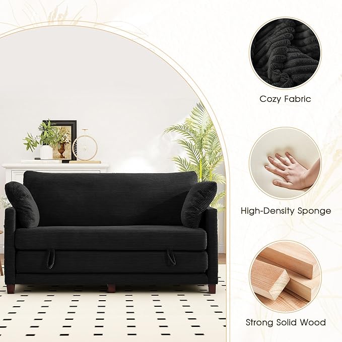 65 Convertible Loveseat Sofa Bed 2-in-1 Folding Sofa Bed with 2 Pillow for Small Spaces Modern Loveseat Sleeper Couch for Apartment Living Room &amp Guest Room (Black Corduroy 65 inch)